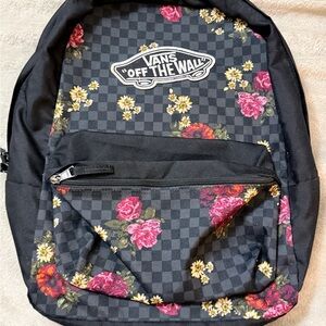 Vans Black Checkerboard Floral Backpack with Pink & Yellow Flowers